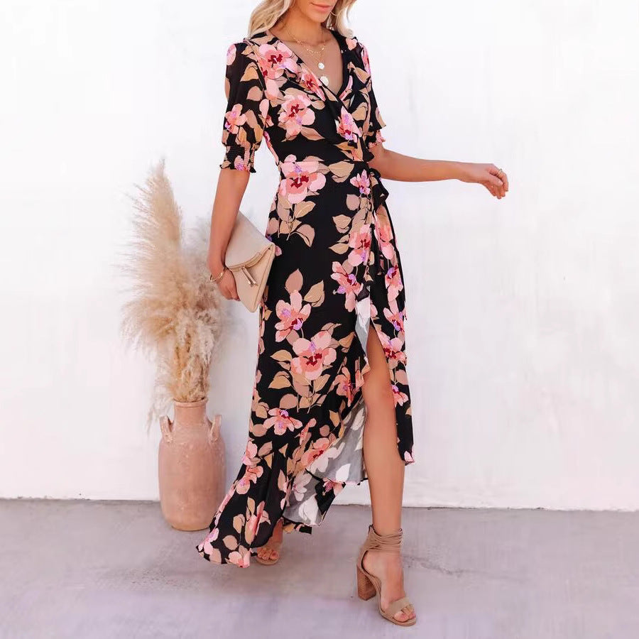 Floral V-Neck Puff Sleeve Wrap Ruffle Hem High Low Maxi Dress 3