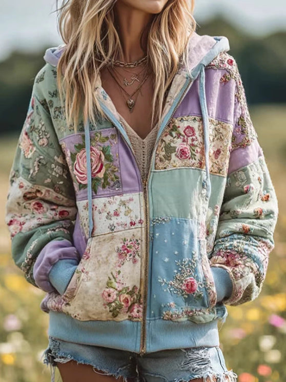 Floral Patchwork Hooded Zip Front Jacket 2