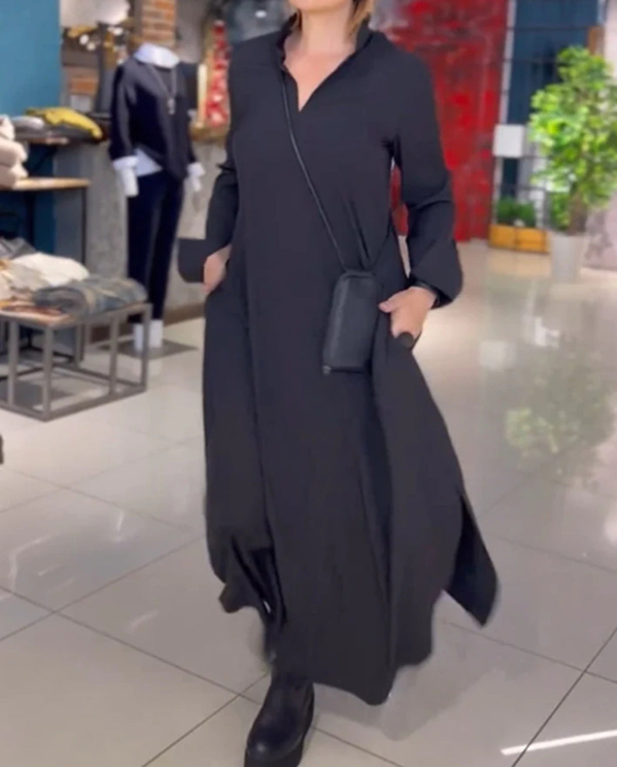 Long Sleeve Stand Collar V-Neck Pocket Side Slit Loose Maxi Dress