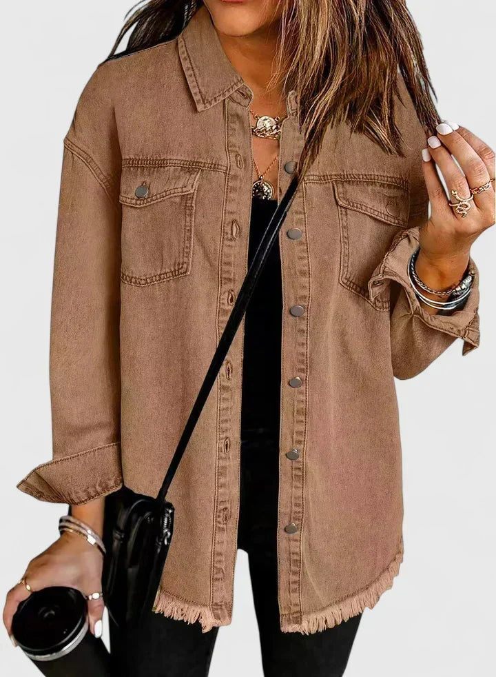 Button Front Frayed Hem Denim Shirt Jacket 10