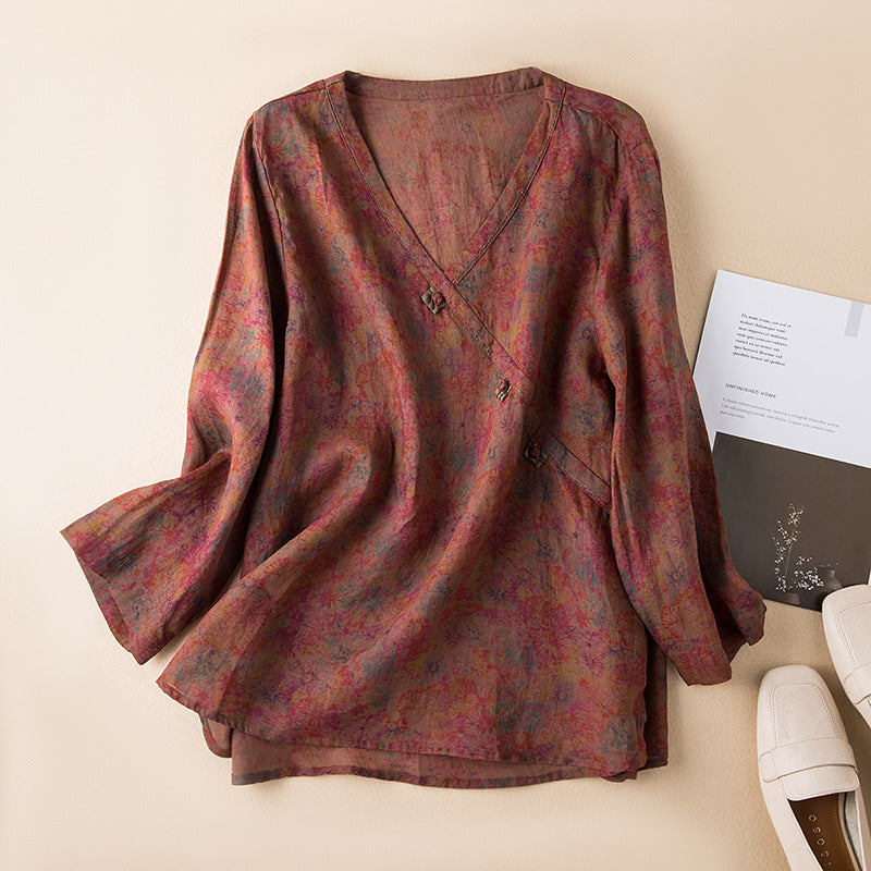 Paisley Print V-Neck Long Sleeve Frog Button Tunic Top 7