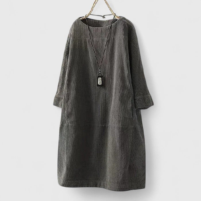 Corduroy Round Neck Long Sleeve Pocket Shift Dress 5
