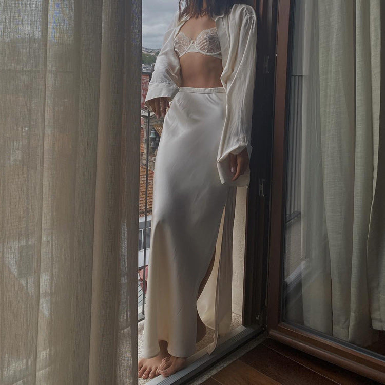 Satin Draping Mop Maxi Dress Side Slit High Waist Skirt - View 3