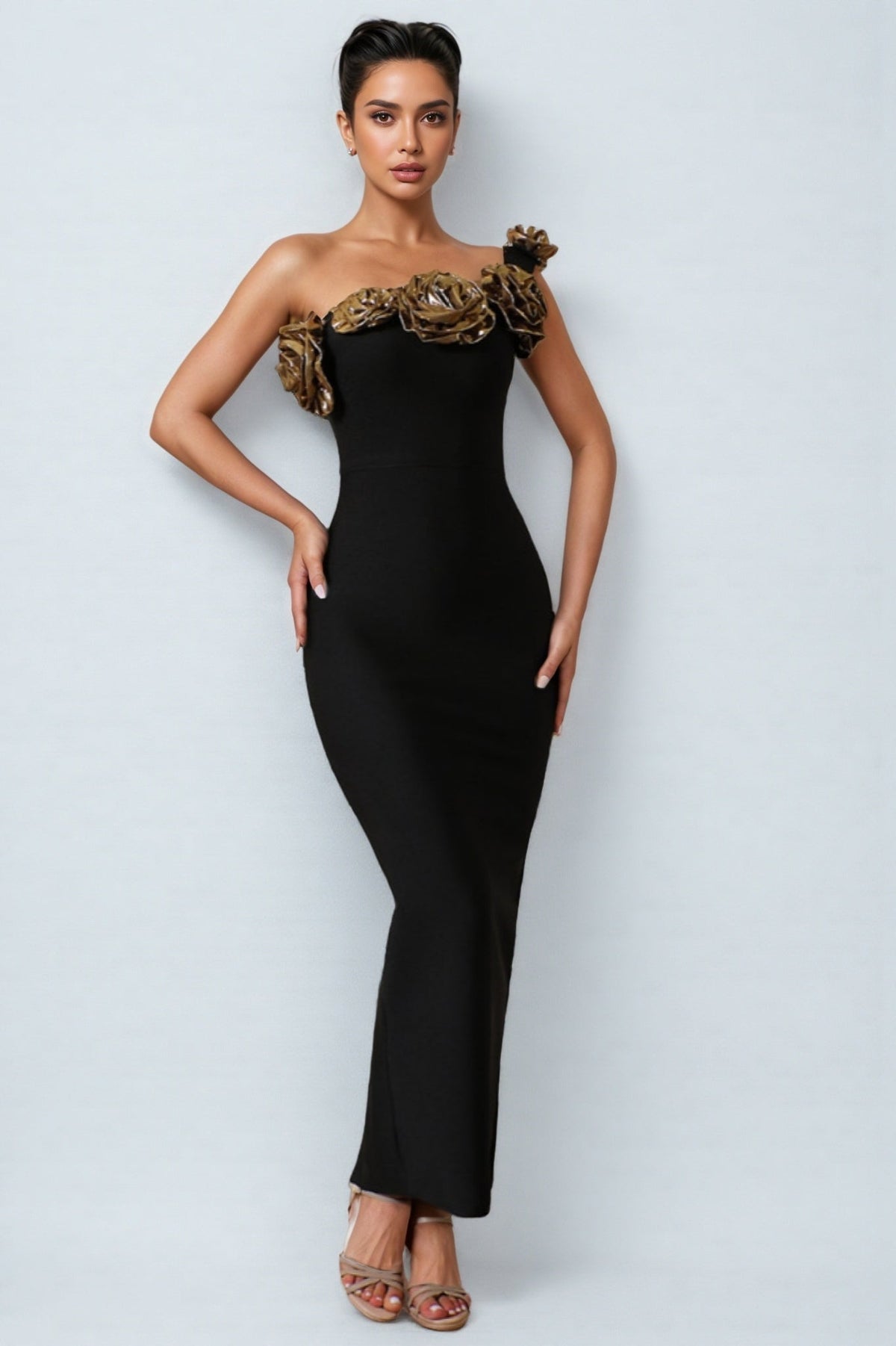 One Shoulder Bandage 3D Floral Midi Dress - View 4