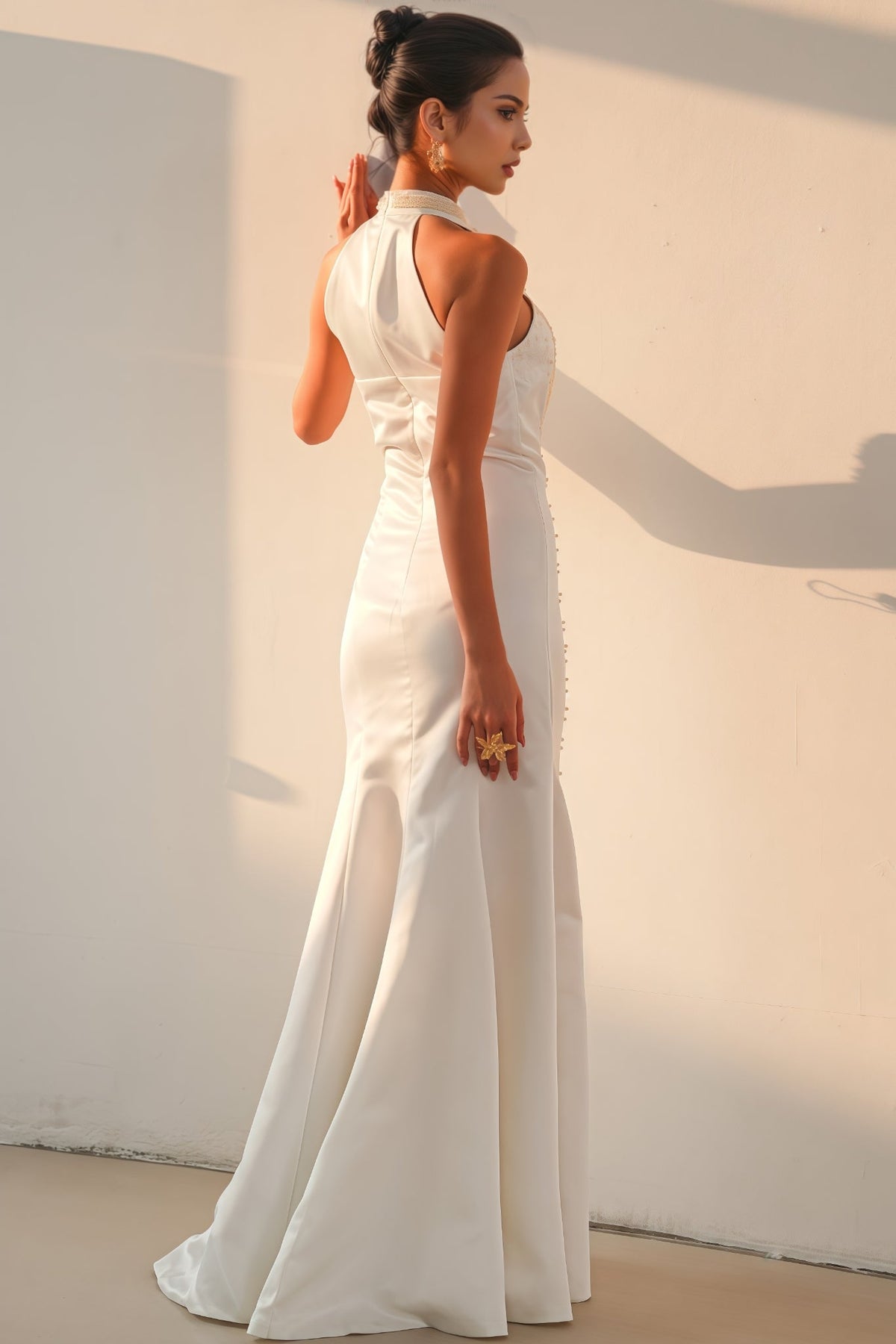 Pearl Beaded Halter Keyhole Cascade Fringe Mermaid Gown - View 2