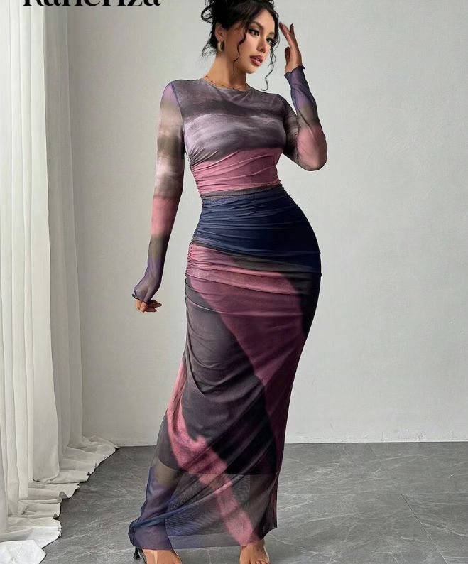 Abstract Print Long Sleeve Crop Top and Ruched Maxi Skirt Two Piece Set 11