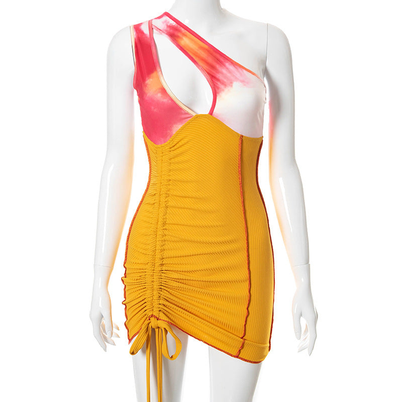 One Shoulder Cut Out Ruched Drawstring Hem Bodycon Mini Dress - View 6