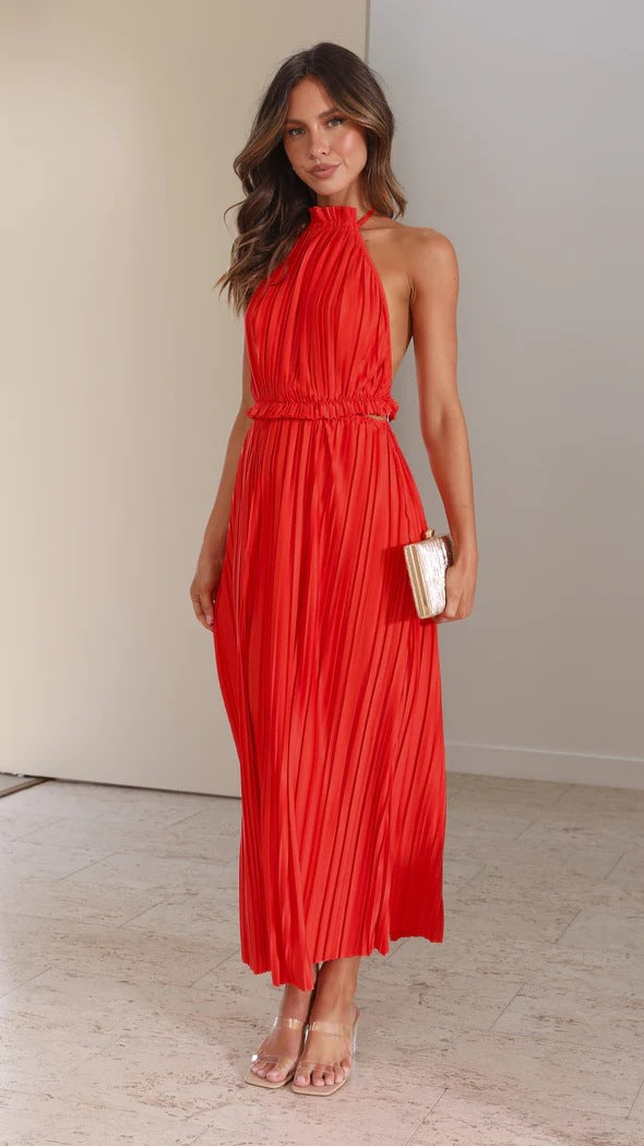 Year Halter Backless Lacing Suit Pleated Dress