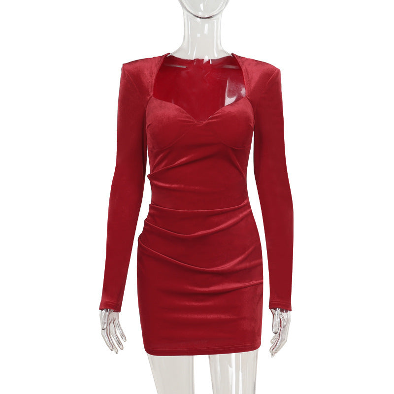 Velvet Sweetheart Neck Padded Shoulder Long Sleeve Bodycon Midi Dress - View 3