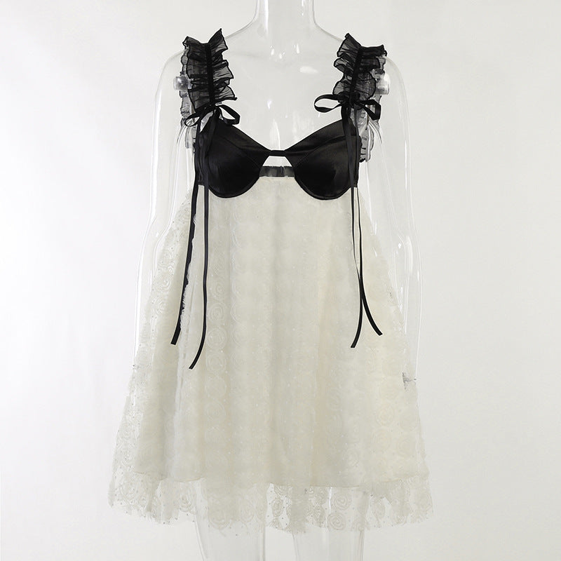 Satin Bustier Sweetheart Rosette Applique Mesh Babydoll Mini Dress - View 2