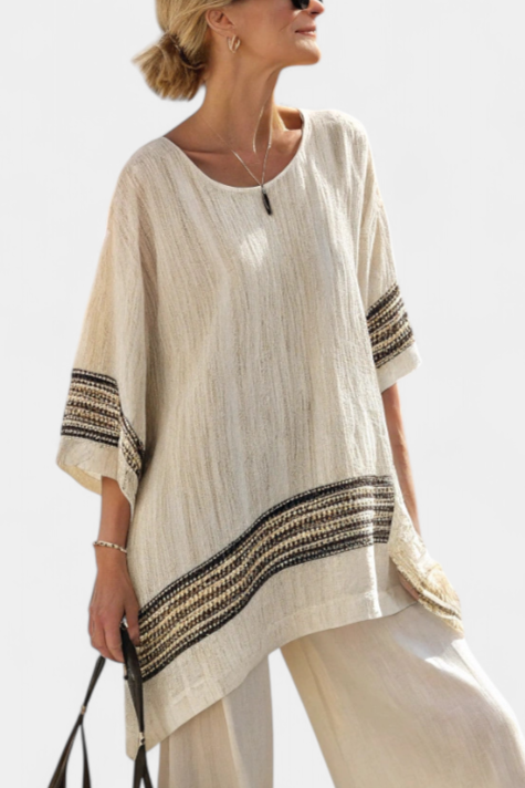 Striped Trim Half Sleeve Top and Wide Leg Pants Two Piece Set 3