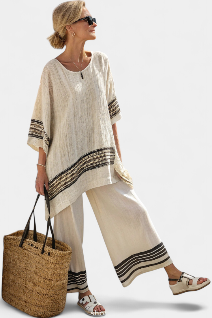 Striped Trim Half Sleeve Top and Wide Leg Pants Two Piece Set 5