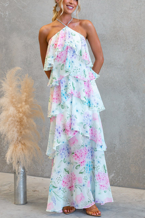 Floral Chiffon Halter Neck Tiered Ruffle Maxi Dress - View 2