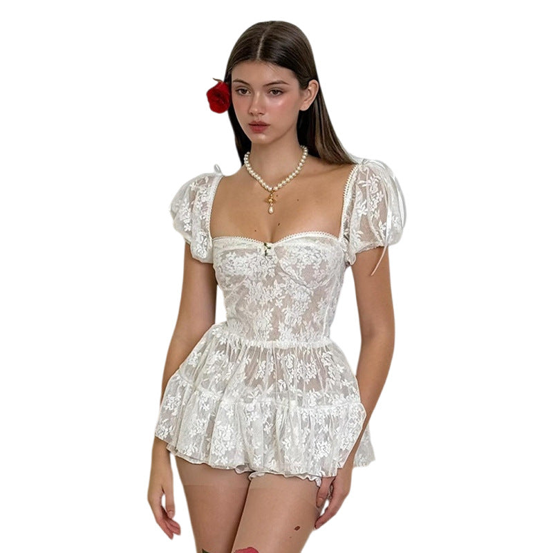 Lace Sweetheart Puff Sleeve Tiered Mini Dress 5