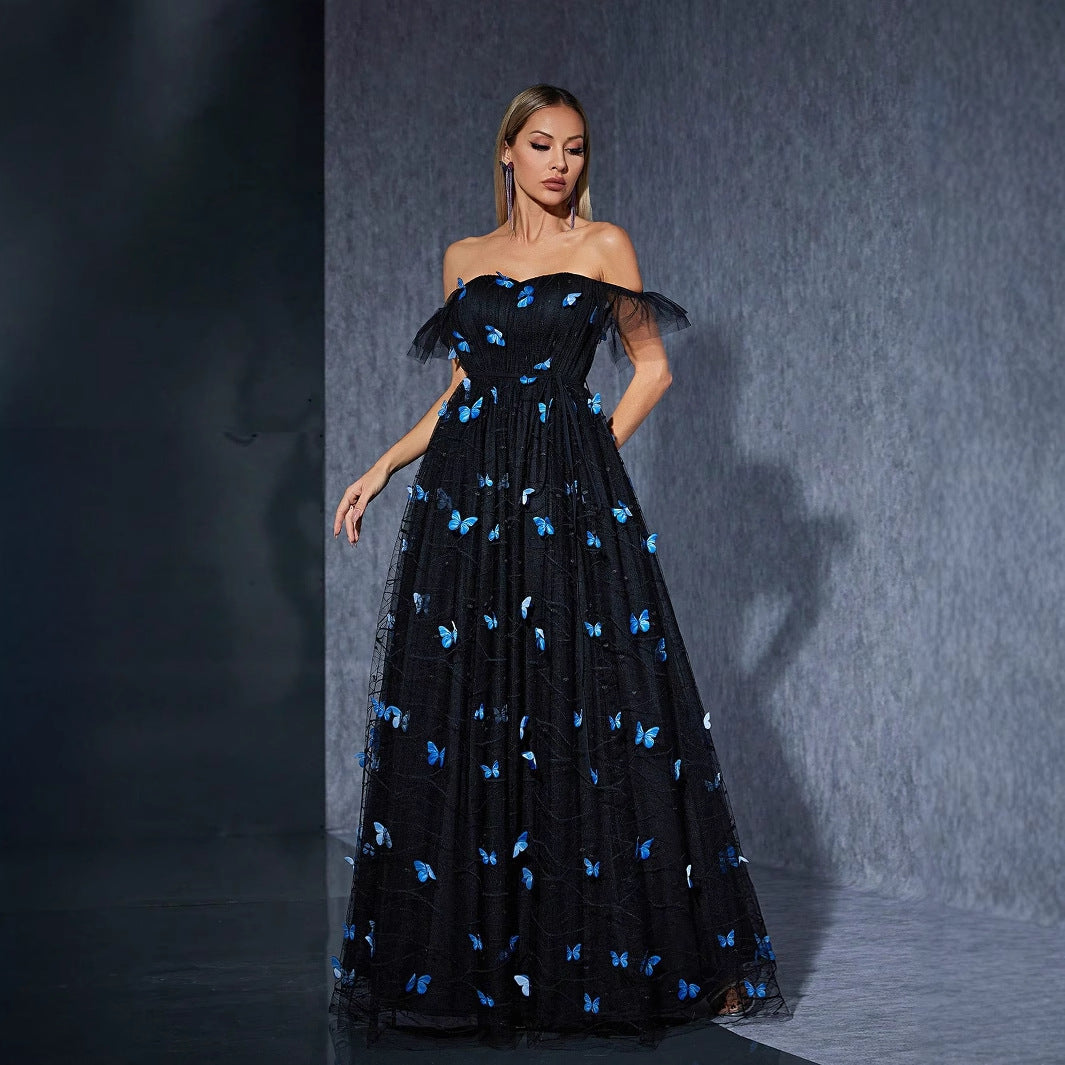 Off Shoulder Butterfly Applique Tulle A-Line Maxi Dress