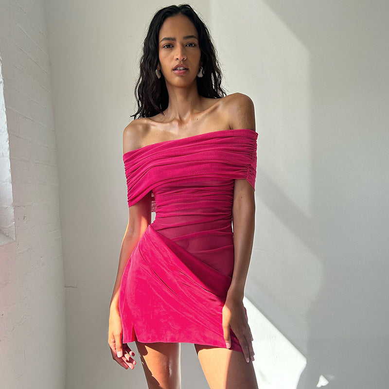 Off Shoulder Ruched Mesh Waist Panel Wrap Overlay Mini Dress - View 2
