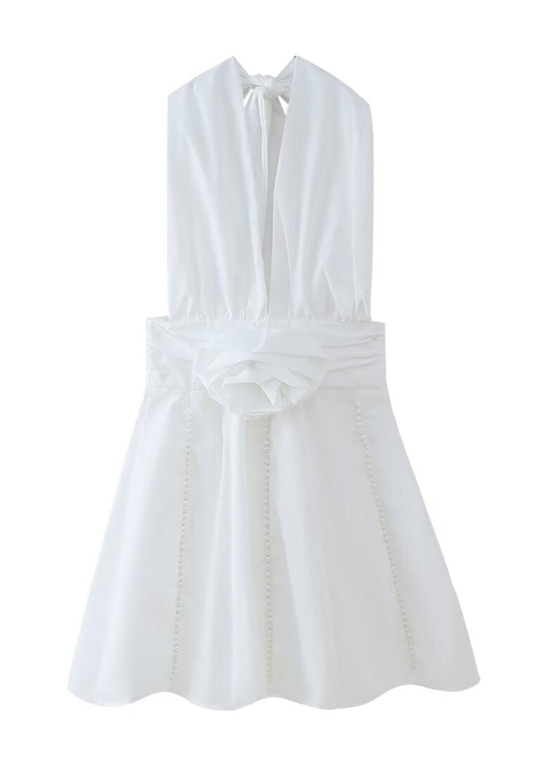 Halter Neck Rose Applique Pearl Trim A-Line Mini Dress in White - View 5
