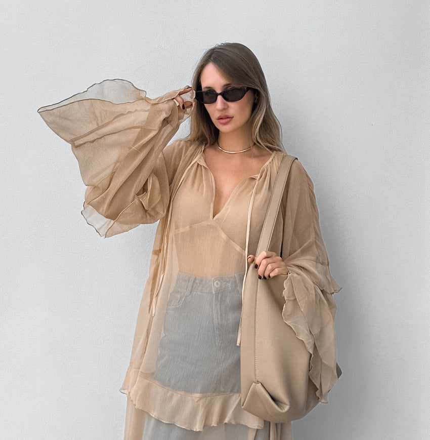 Sheer Tiered V-Neck Tie Neck Long Flared Ruffle Sleeve Maxi Dress - View 4