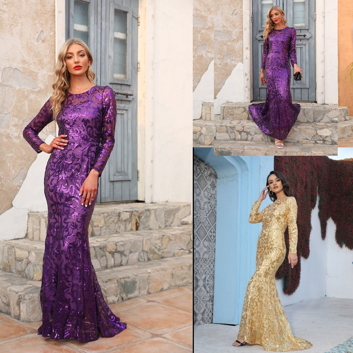 Sequin Round Neck Long Sleeve Mermaid Maxi Gown - View 5