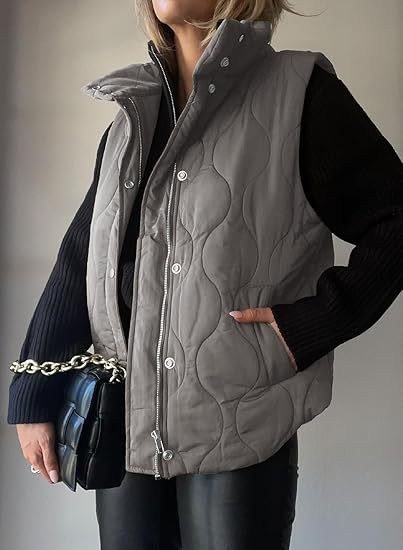 Stand Collar Zip Snap Front Quilted Puffer Vest 9