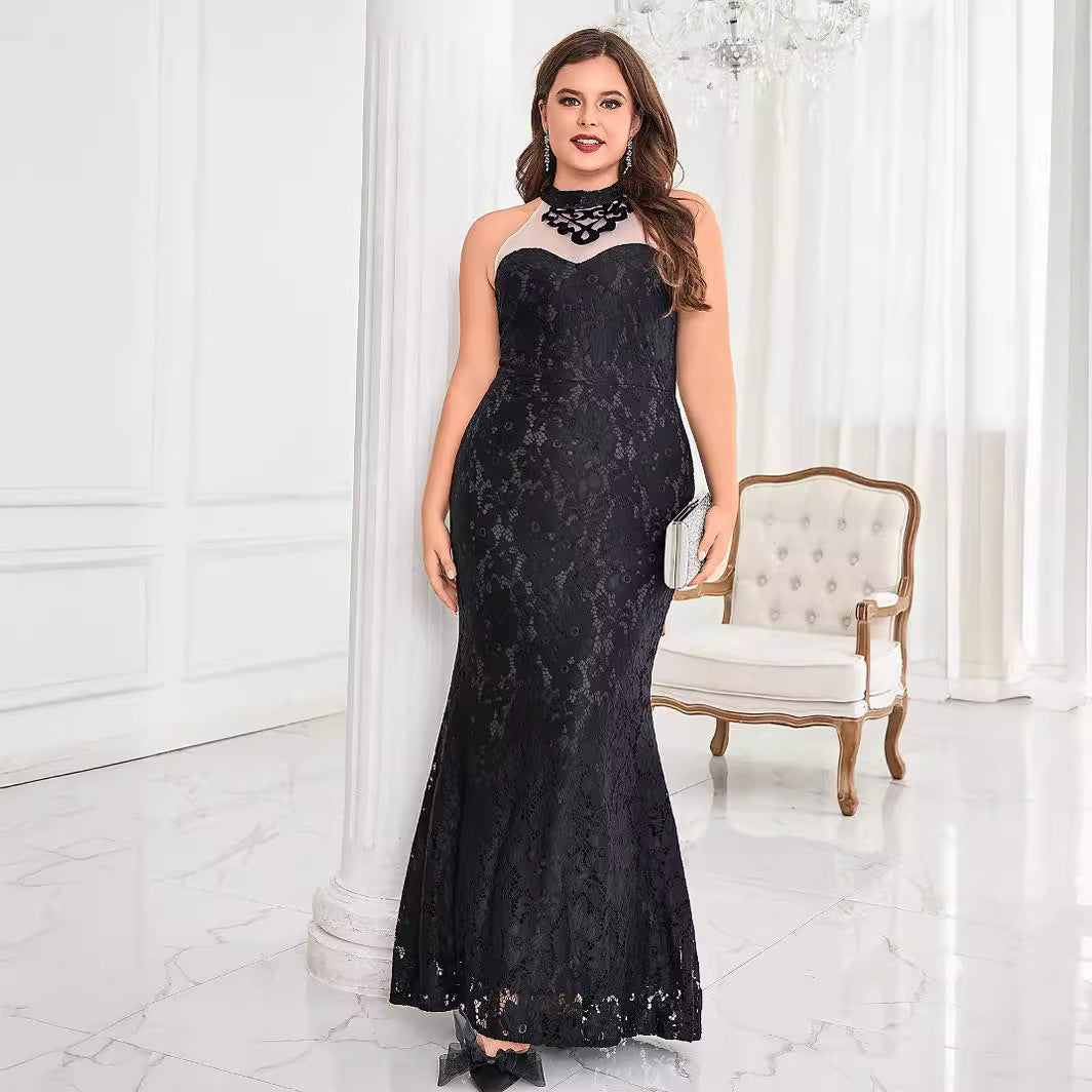 Lace Halter Neck Mesh Yoke Sweetheart Mermaid Floor Length Gown