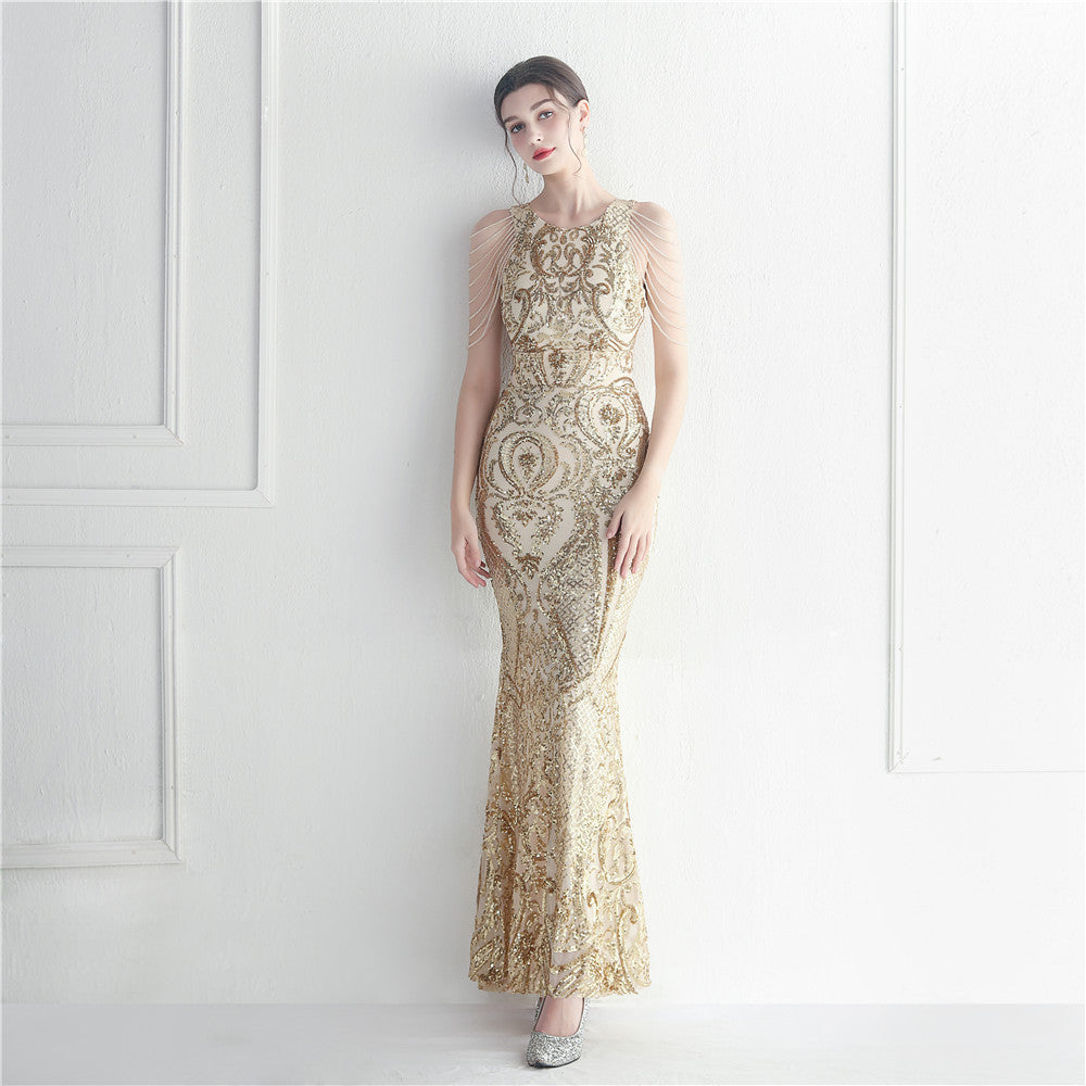 Sequin Beaded Round Neck Fringe Mermaid Maxi Gown - View 9