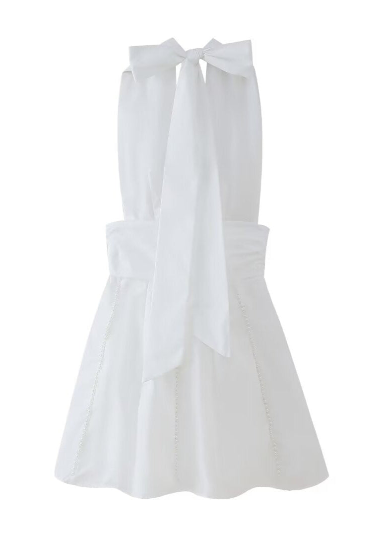 Halter Neck Rose Applique Pearl Trim A-Line Mini Dress in White - View 6