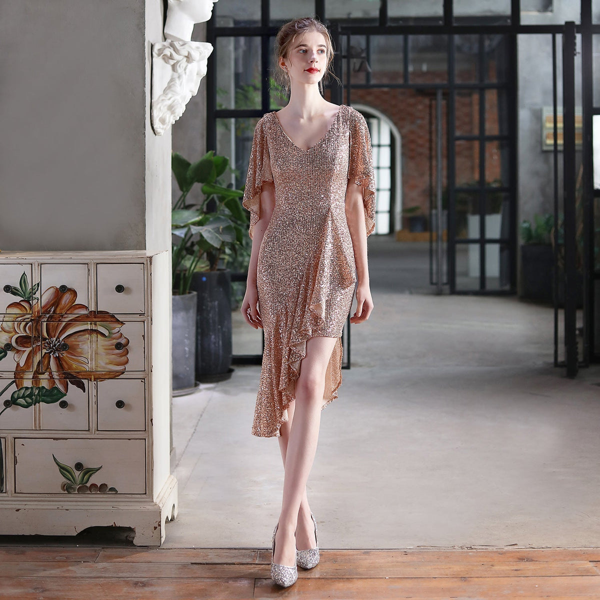 Sequin V-Neck Flutter Sleeve High Low Asymmetric Cocktail Dress - View 5