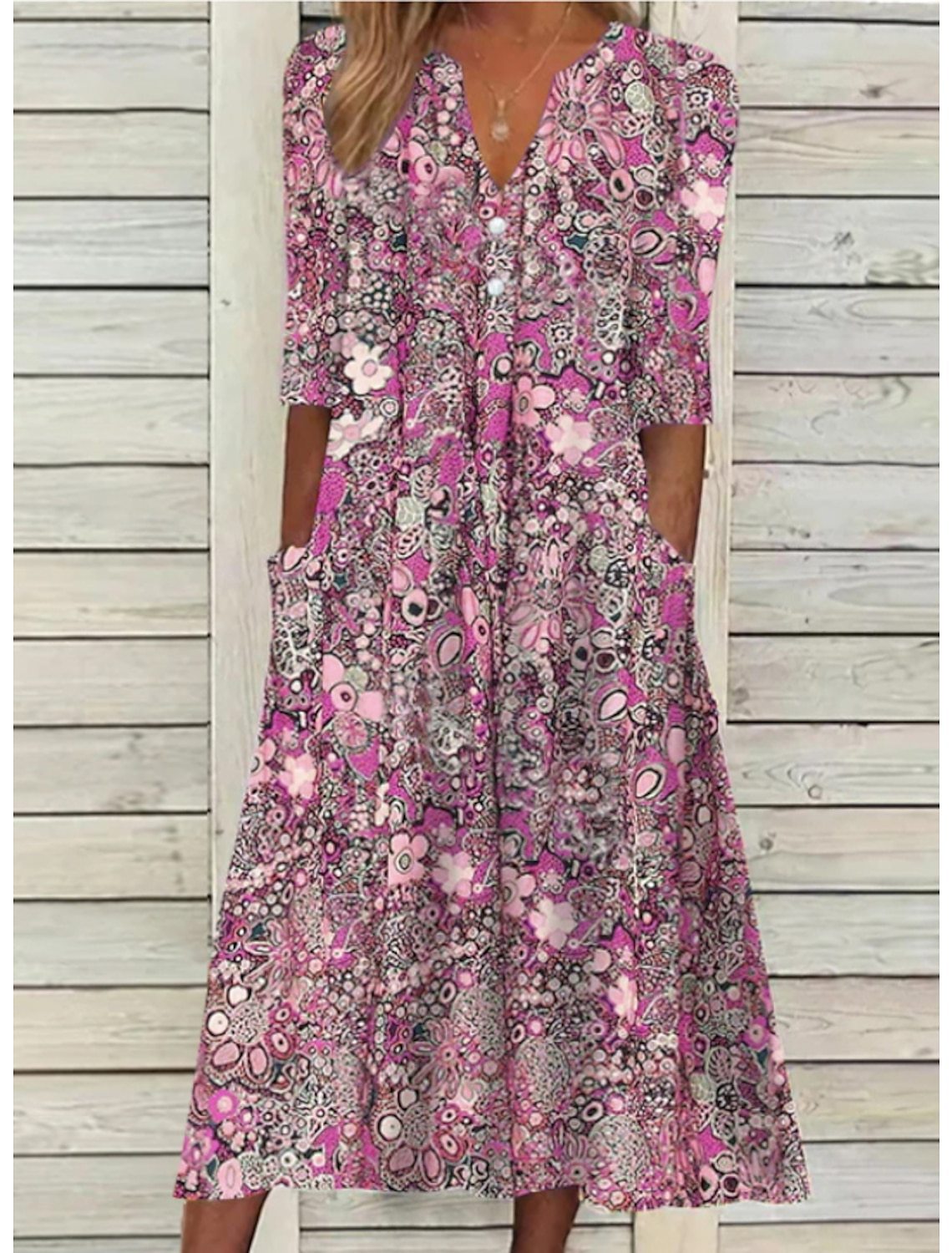 Floral Print V-Neck Button Half Sleeve Patch Pocket A-Line Midi Dress - View 5