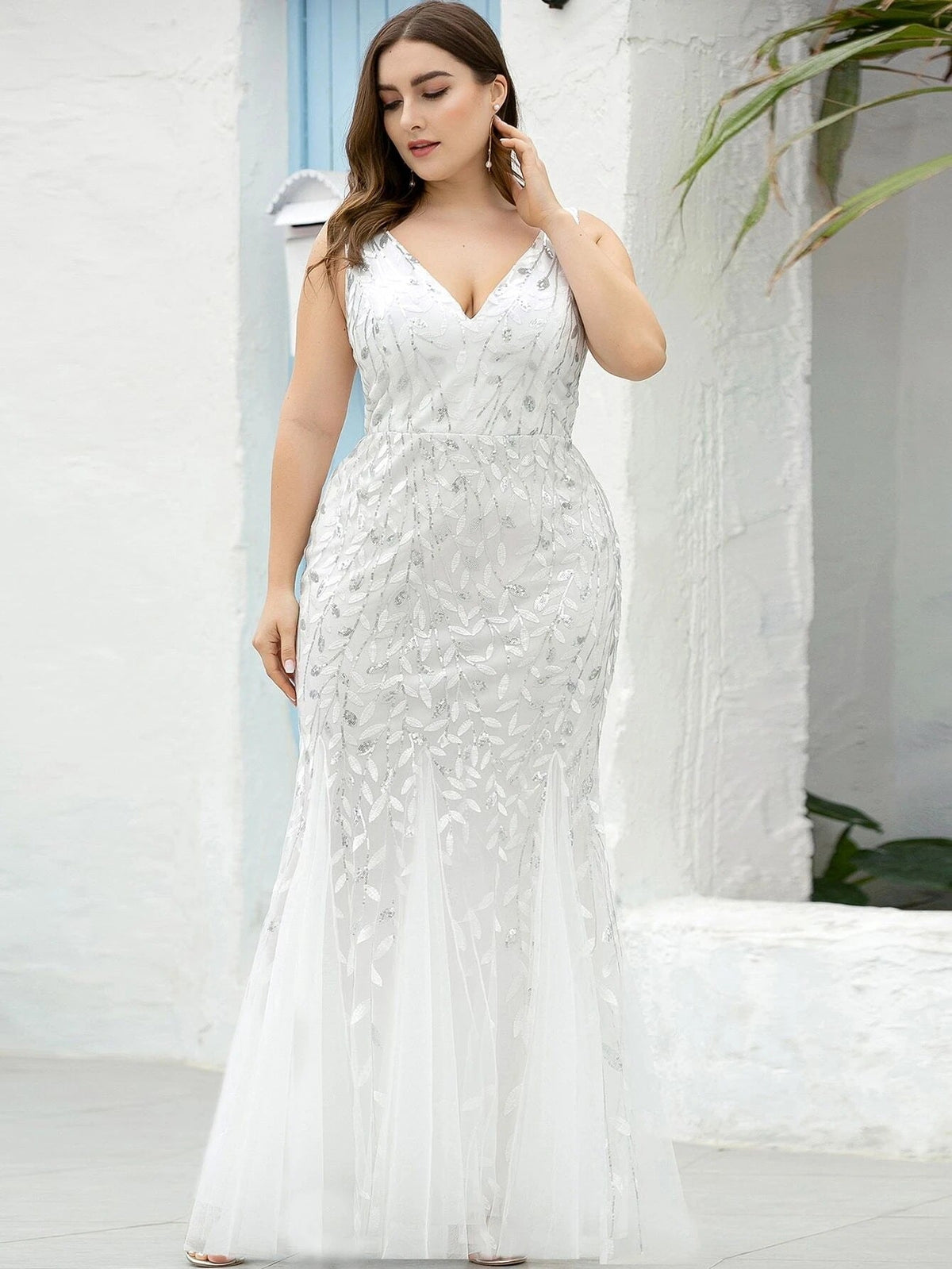Sequin Embroidered V-Neck Sleeveless Tulle Mermaid Gown - View 6
