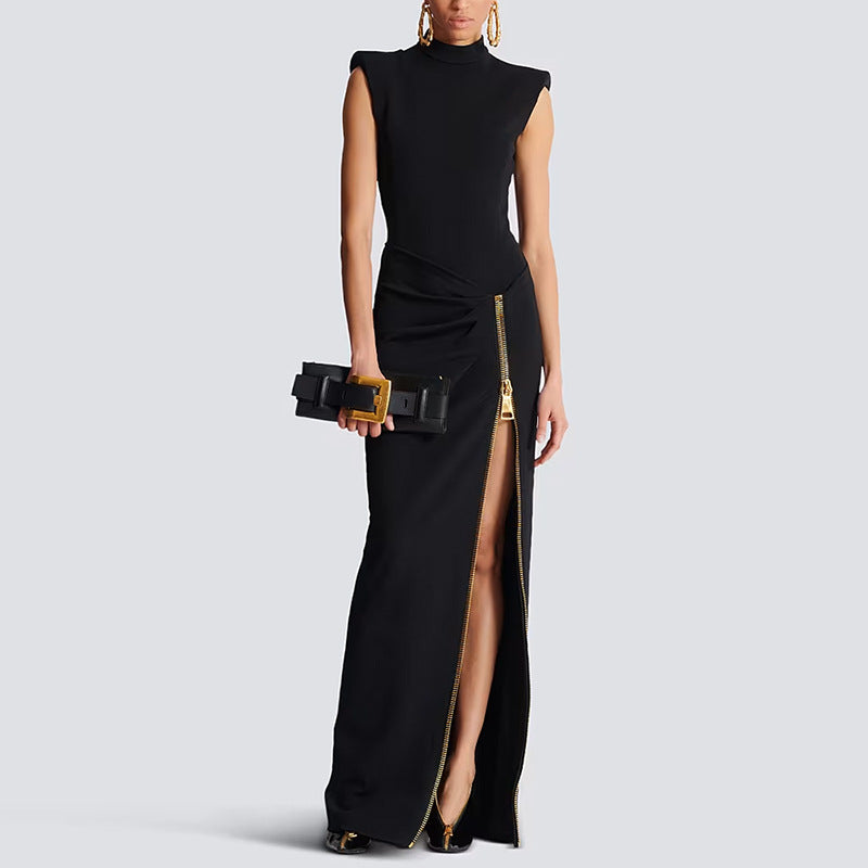 Sleeveless Mock Neck Padded Shoulder Zipper High Split Maxi Gown