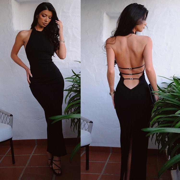 Halter Neck Backless Buckle Strap Cut Out Maxi Gown