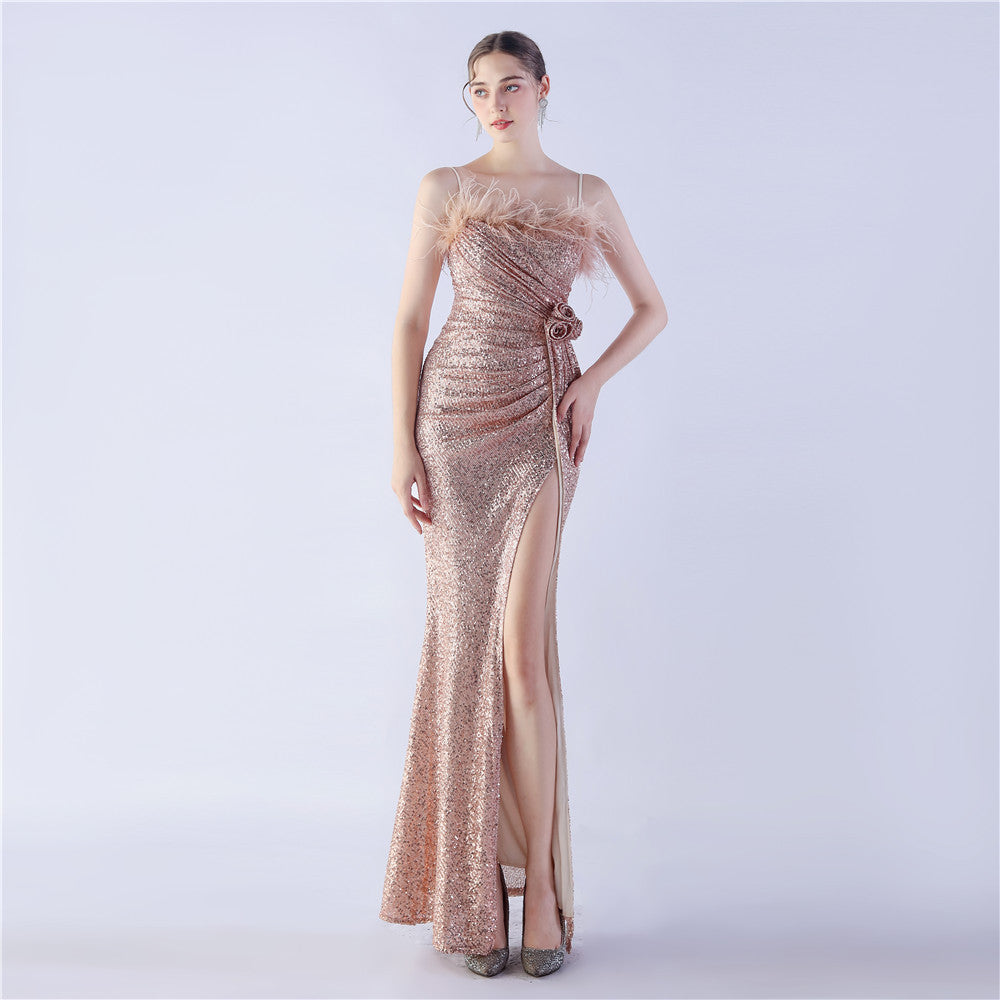 Sequin Spaghetti Strap Feather Trim High Split Mermaid Gown - View 4