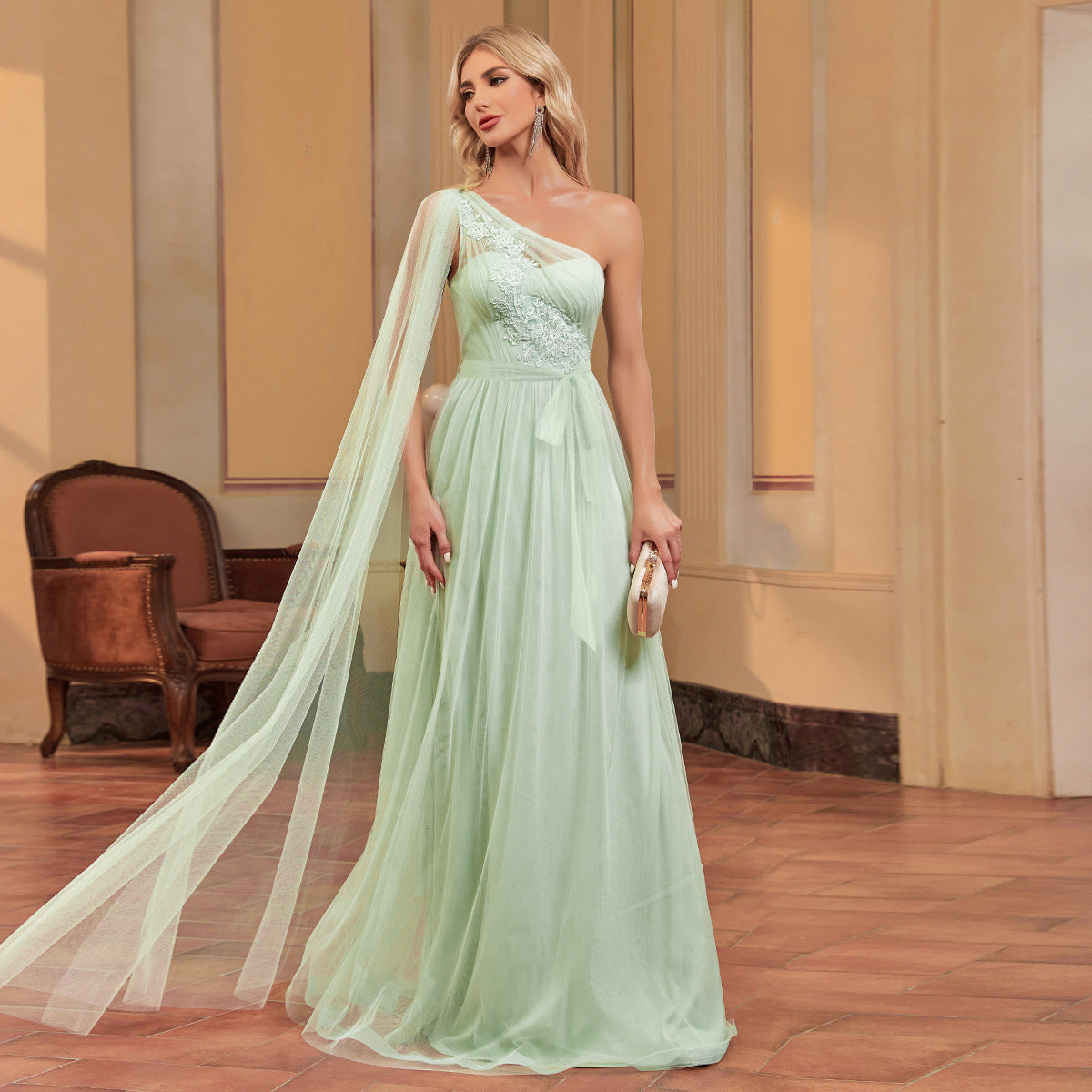 One Shoulder Cape Lace Applique A-Line Tulle Maxi Dress - View 2
