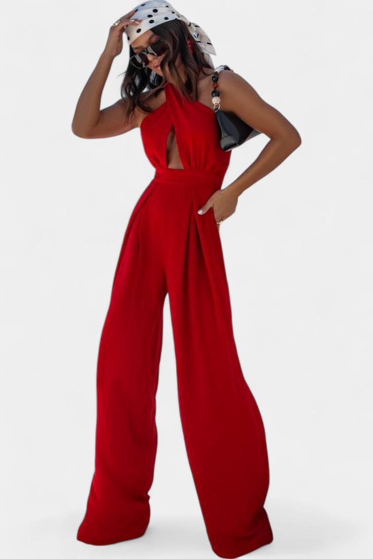 Halter Neck Cross Front Cut Out Backless Wide Leg Jumpsuit 5