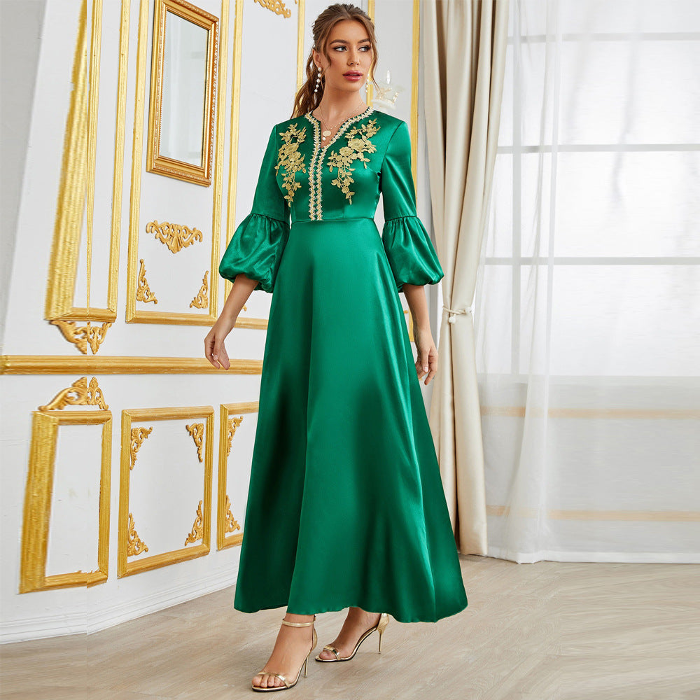 Satin V-Neck Lace Embroidery Puff Sleeve Formal Maxi Gown - View 5