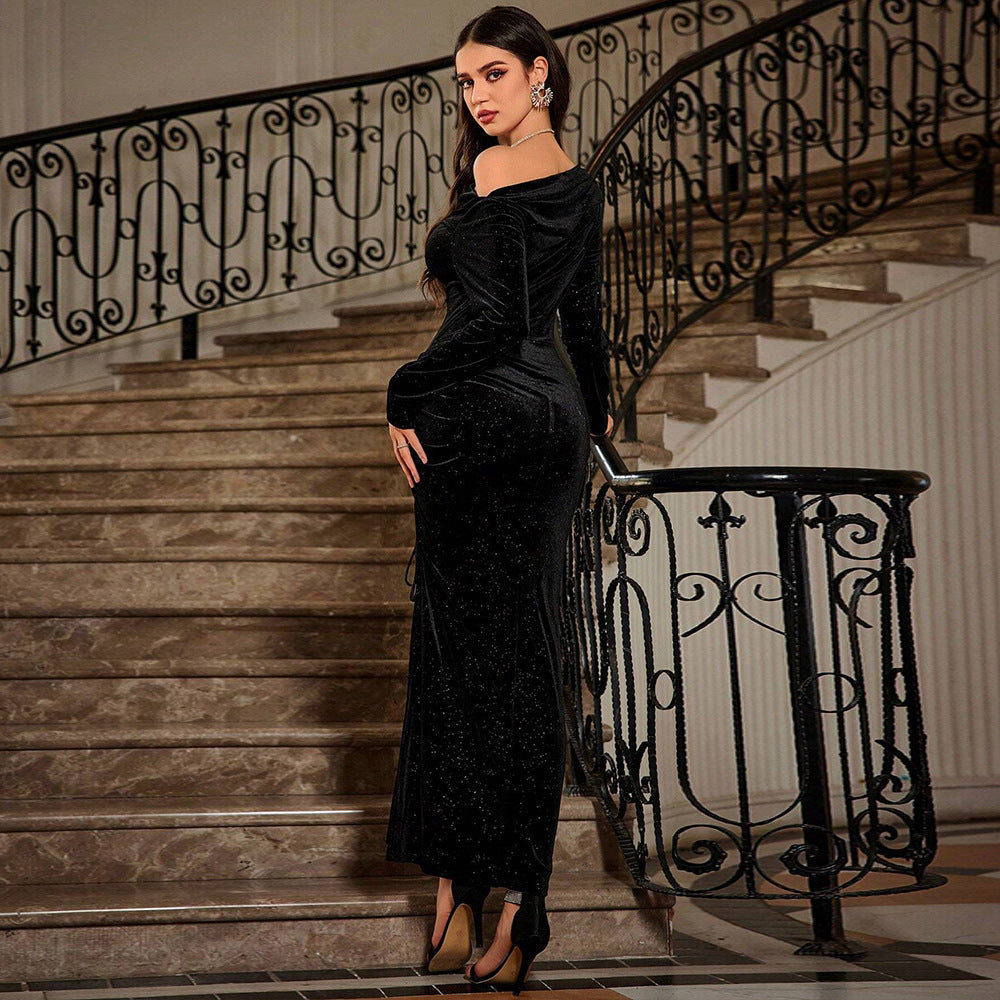 Velvet Glitter Off Shoulder Long Sleeve Ruched High Split Maxi Dress - View 2