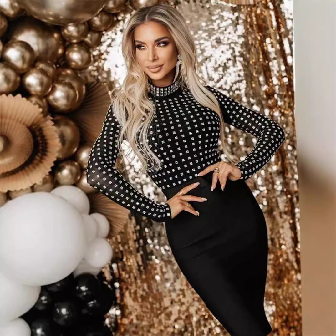 Rhinestone Mesh Mock Neck Long Sleeve Bandage Pencil Midi Dress - View 3