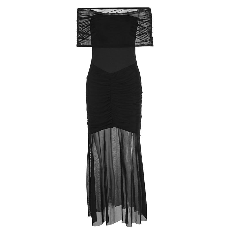 Off Shoulder Ruched Mesh Bodice Wrap Hip Pleated Mesh Maxi Gown - View 7