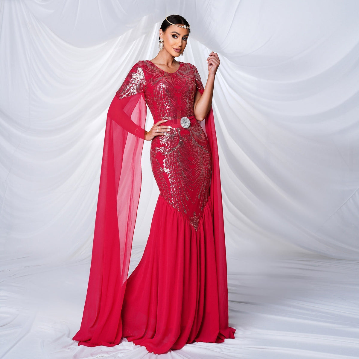 Sequin Round Neck Cape Sleeve Beaded Mermaid Evening Gown - View 3