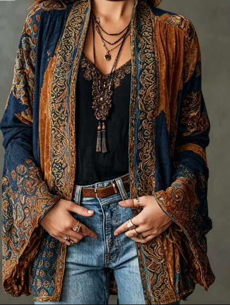 Paisley Velvet Boho Open Front Kimono Cardigan 11