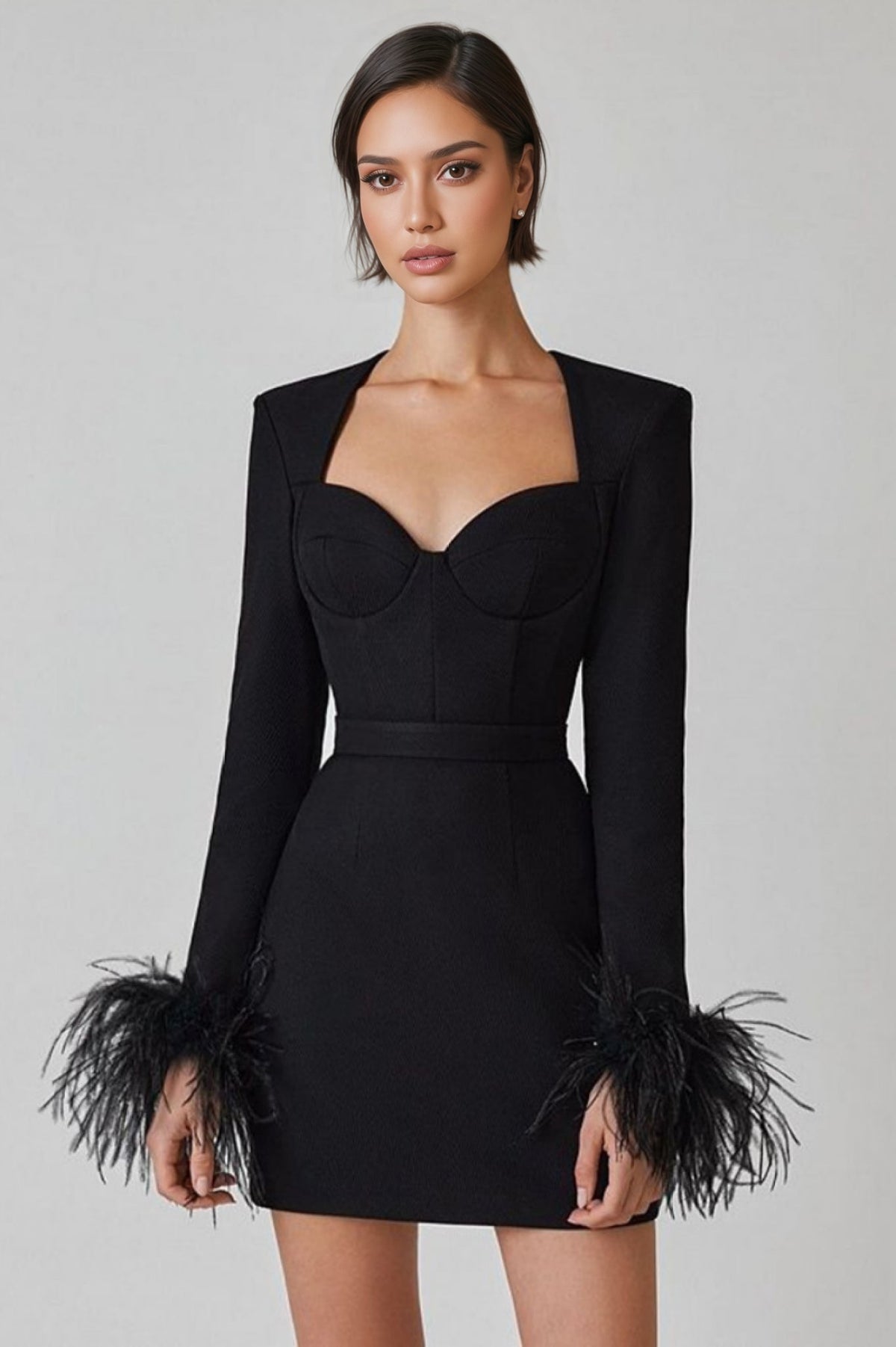 Delphinia Sexy Long Sleeve Feathers Mini Dress - View 2