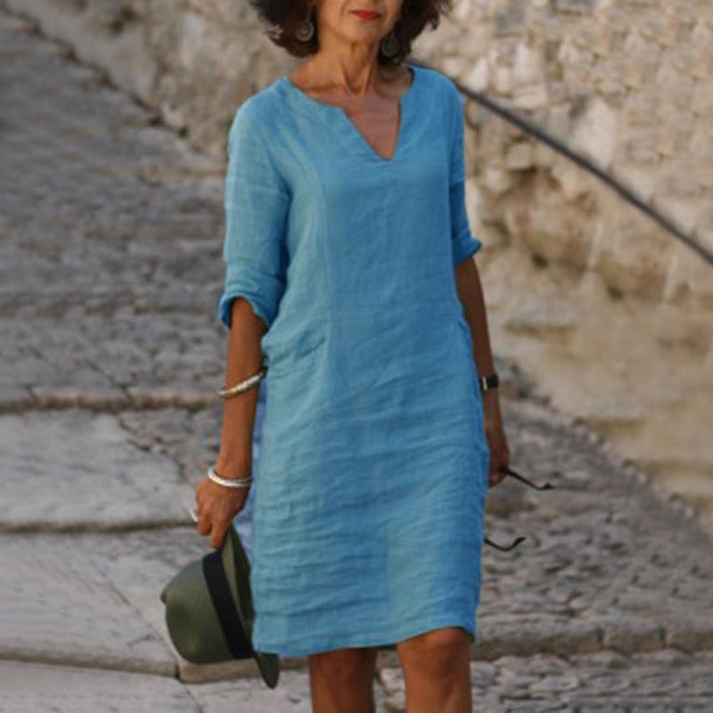V-Neck Three Quarter Sleeve Relaxed Shift Knee Length Summer Dress - View 3