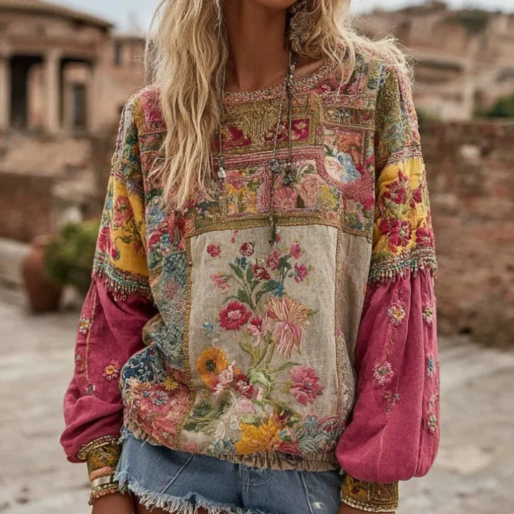 Floral Patchwork Embroidered Crew Neck Knit Sweater 4