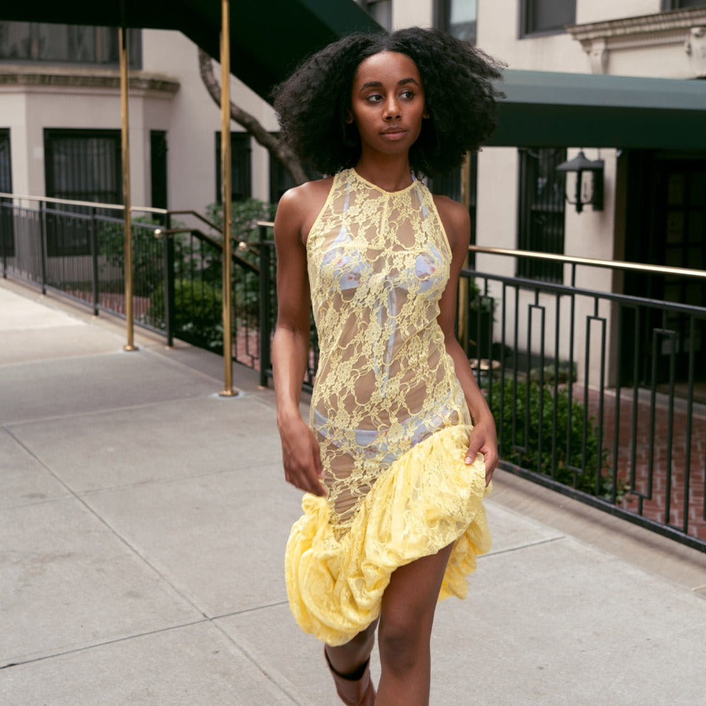 Sheer Floral Lace Mock Neck Sleeveless Tiered Ruffle Maxi Dress - View 2