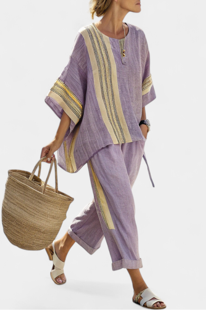 Half Sleeve Contrast Stripe Top and Pants Two Piece Set 2