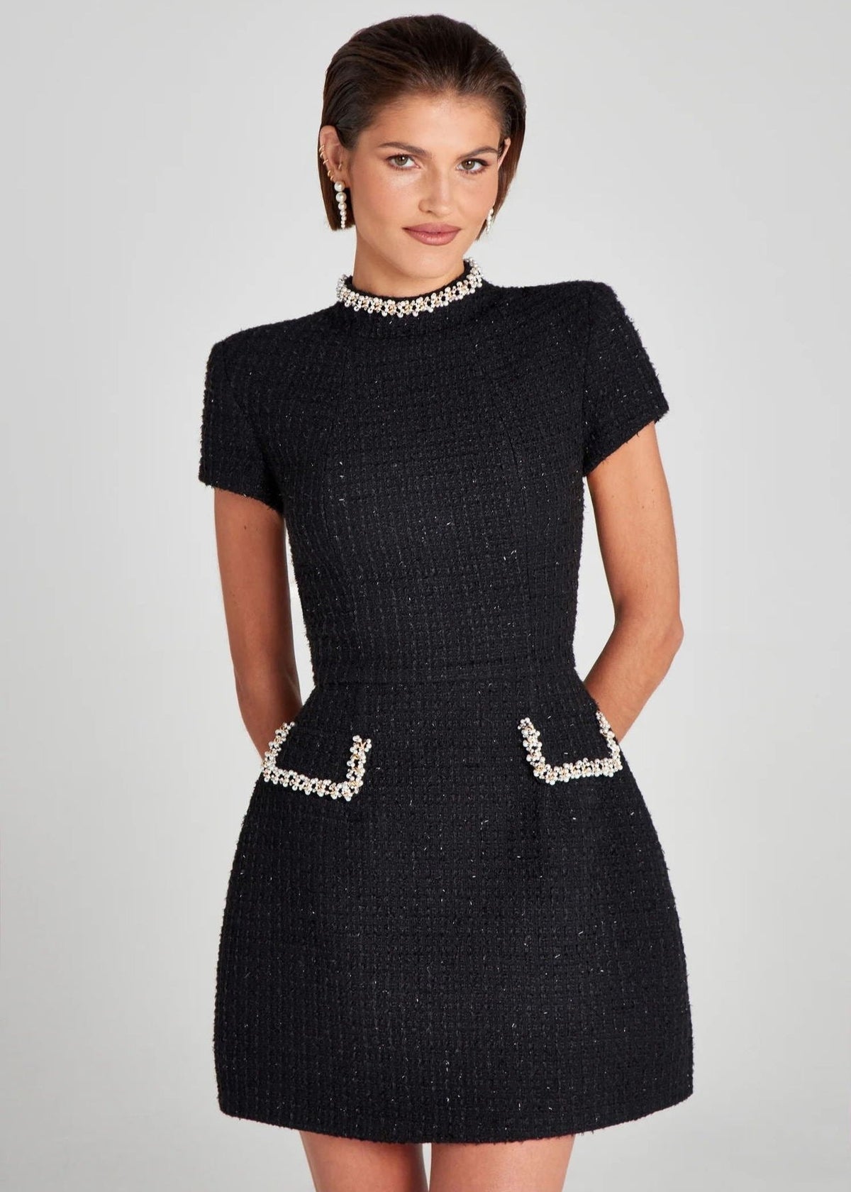 Pearl Crystal Trim Tweed Mock Neck Short Sleeve Mini Dress