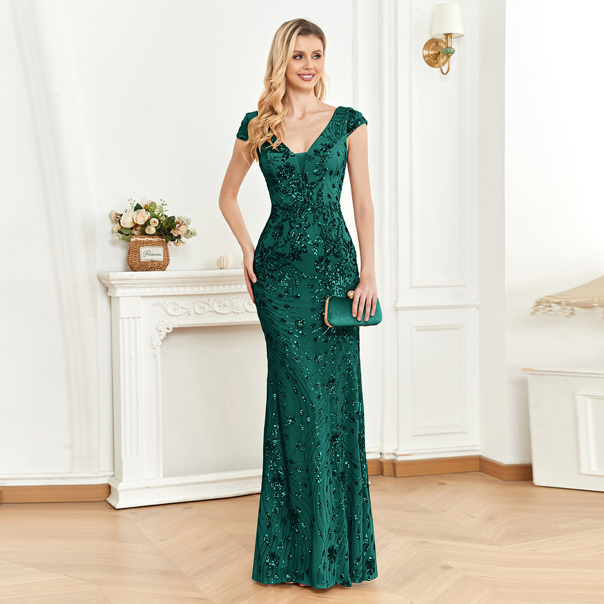 Sequin V-Neck Cap Sleeve Mermaid Evening Gown - View 5
