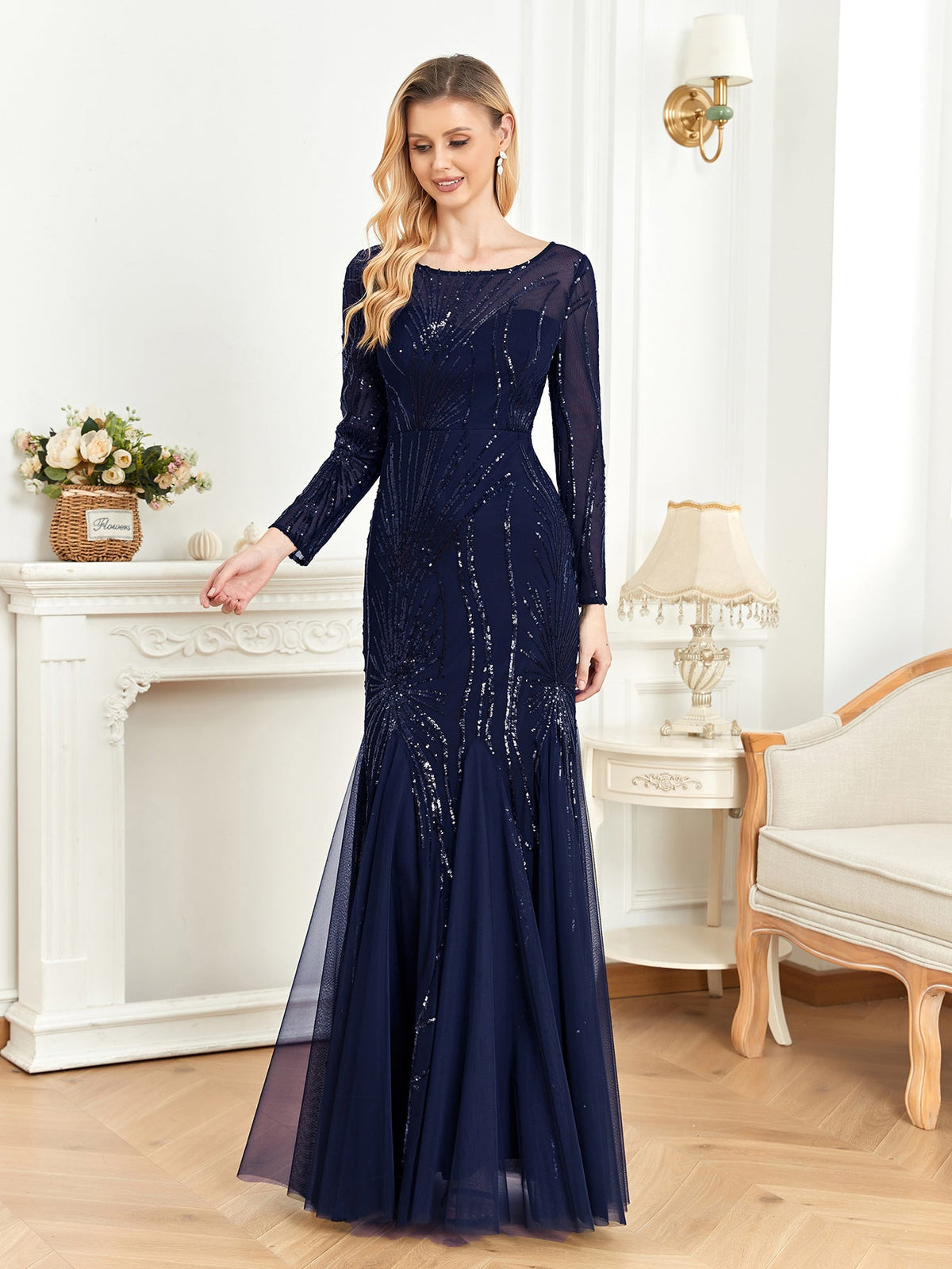 Sequin Crew Neck Long Sleeve Tulle Mermaid Maxi Gown - View 5
