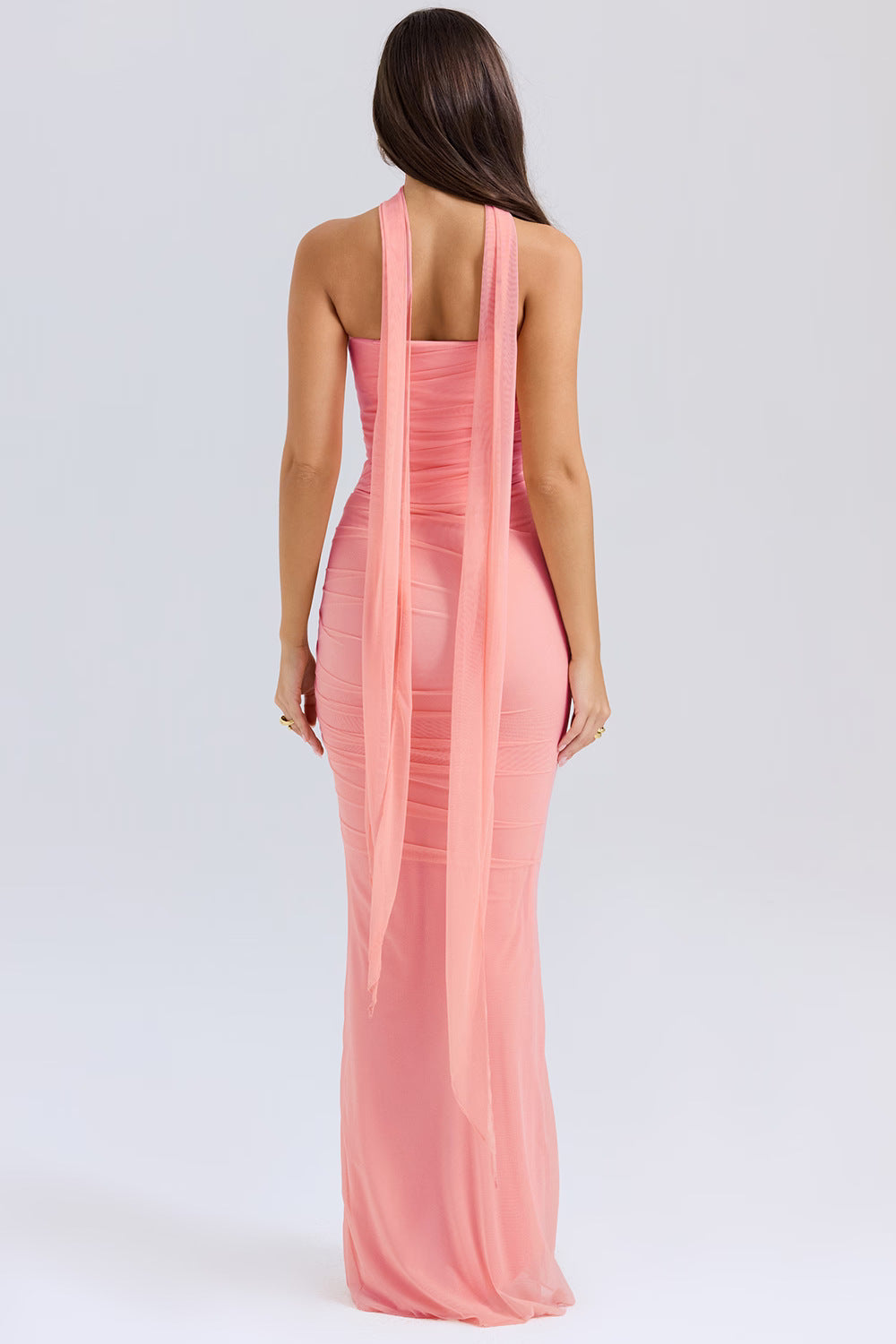 One Shoulder Draped Sash Ruched Fishtail Maxi Gown - View 7